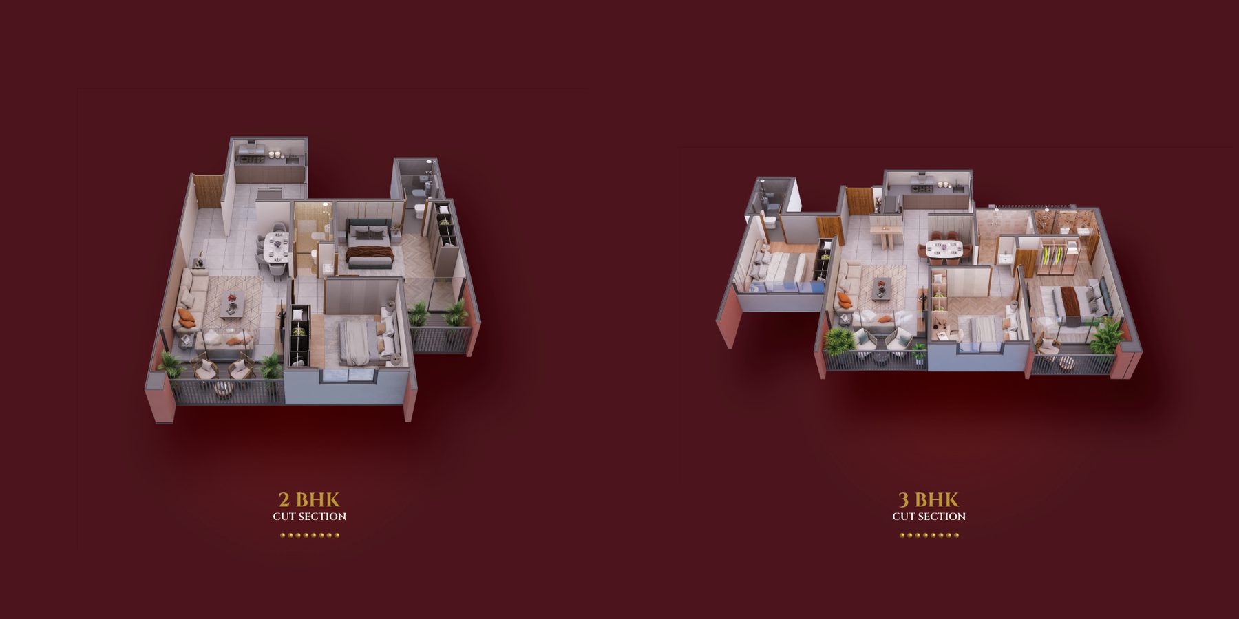 2BHK and 3BHK 3D cut sections
