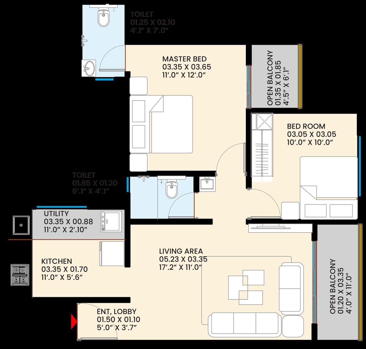 2 BHK Lavish floor plan