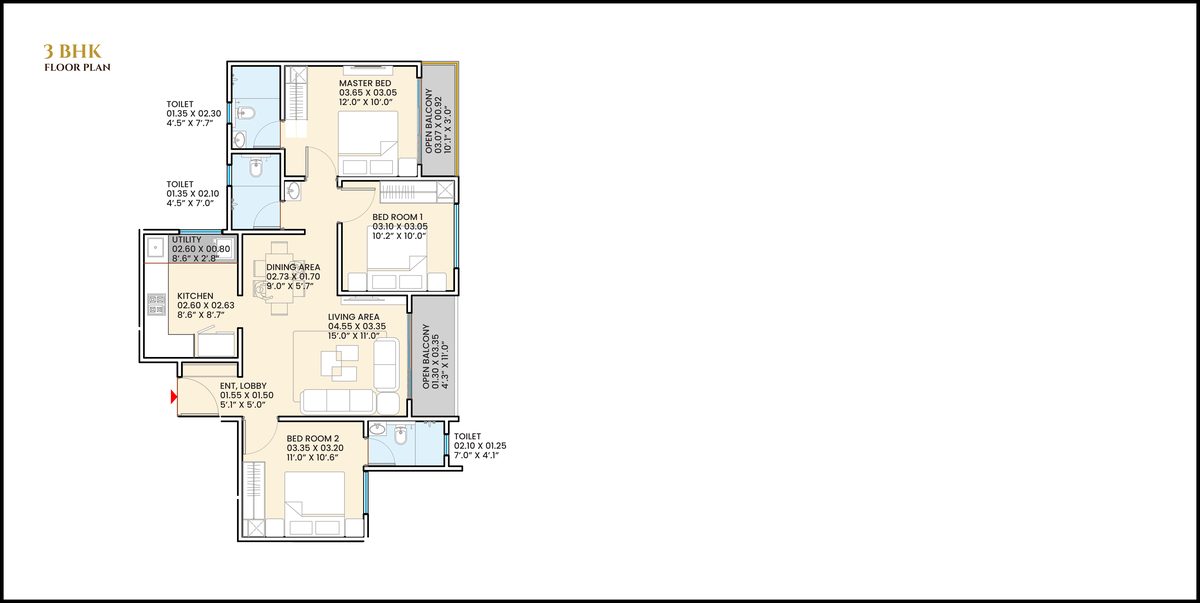 3 BHK Lavish floor plan